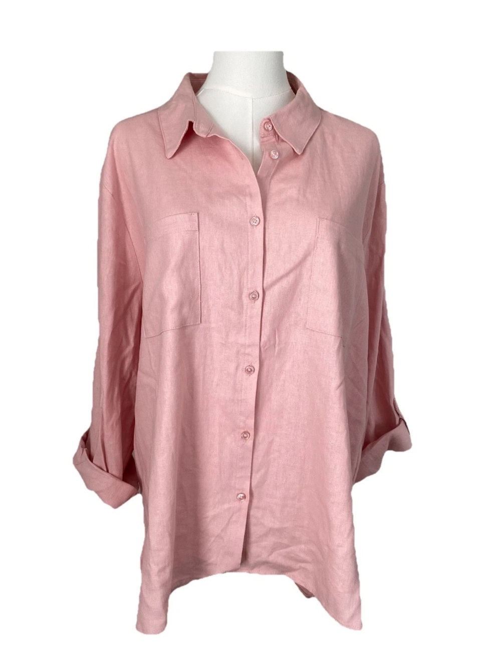 Nine West Jeans Womens XL Pink Linen Button Front Roll Tab Sleeve Tunic Top